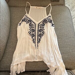 Jolt White Tank Top with Dark Blue Floral Detailing, Size Medium